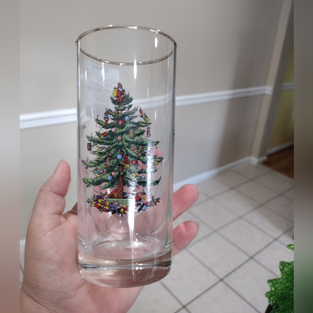 NWT Spode Christmas Tree Pattern Tumblers Drinking Glasses Highball 12 OZ 6 1/4”